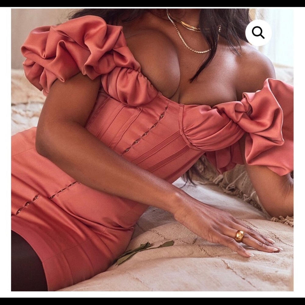 Rose Satin Ruffle Strapless House of CB dress (UNWORN)